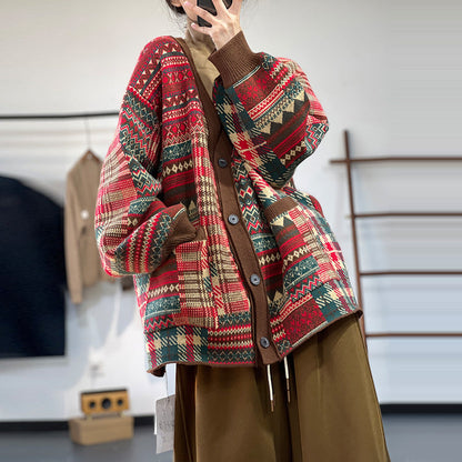 V-Neck Jacquard Knitted Literary Thick Woolen Top