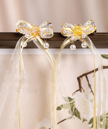 Elegant Yellow Copper Alloy Chiffon Pearl Colored Glaze Ribbon Kids Hairpin