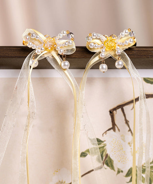 Elegant Yellow Copper Alloy Chiffon Pearl Colored Glaze Ribbon Kids Hairpin