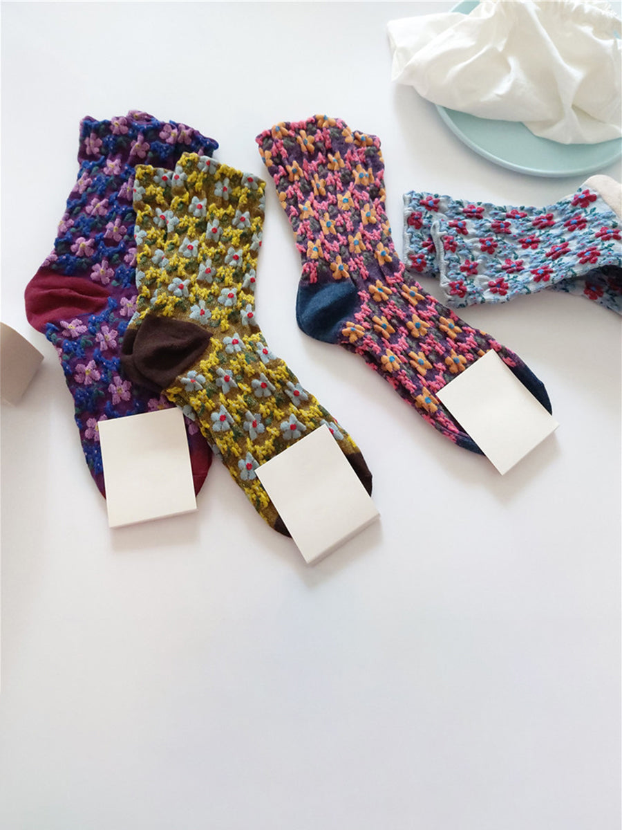 5 Pairs Vintgae Cotton Floral Women Socks