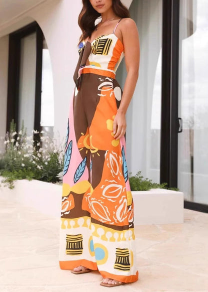 Women V Neck Print Jumpsuit Summer