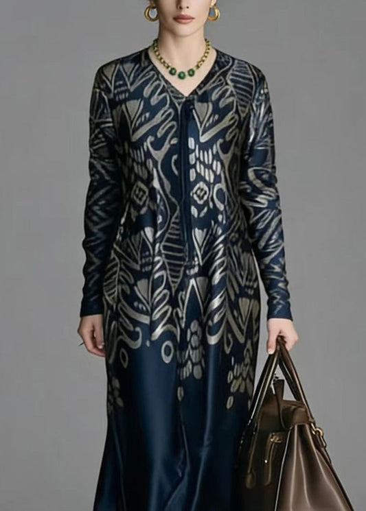 Elegant V Neck Print Plus Size Silk Dress Spring