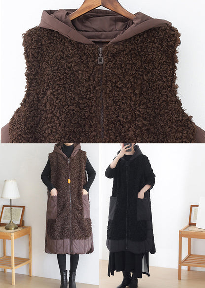 Plus Size Coffee Colour Zippered Pockets Woolen Cotton Hooded Waistcoat Sleeveless