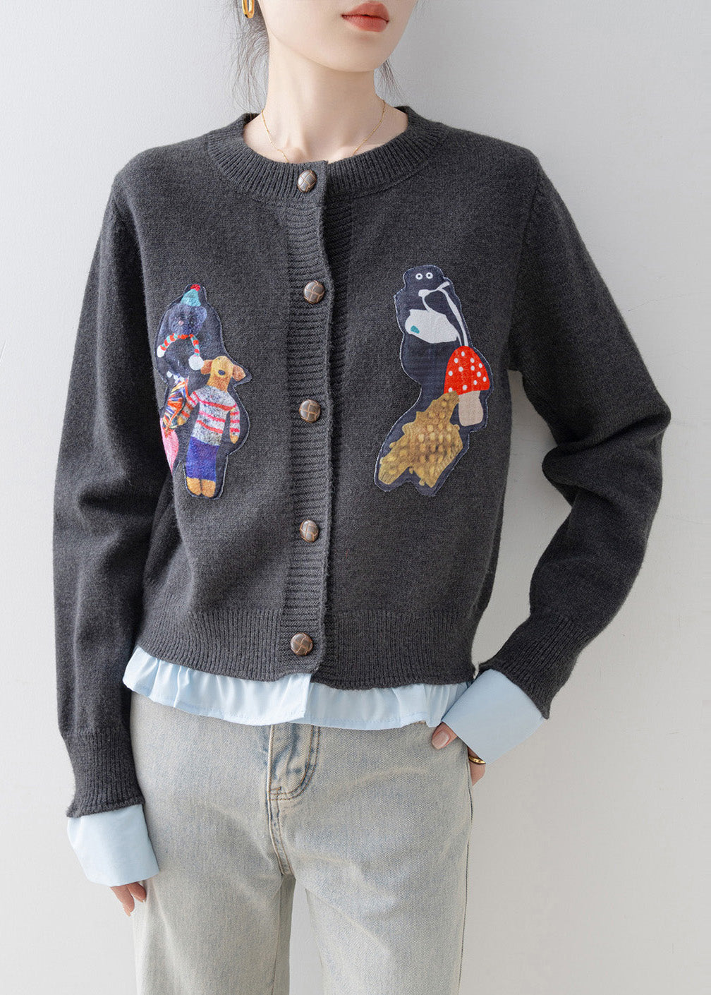 Women Grey Oversized Patchwork Knit Fake Two Piece Cardigan Winter