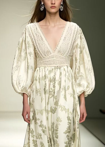Fitted Beige V Neck Print Silk Vacation Dresses Lantern Sleeve