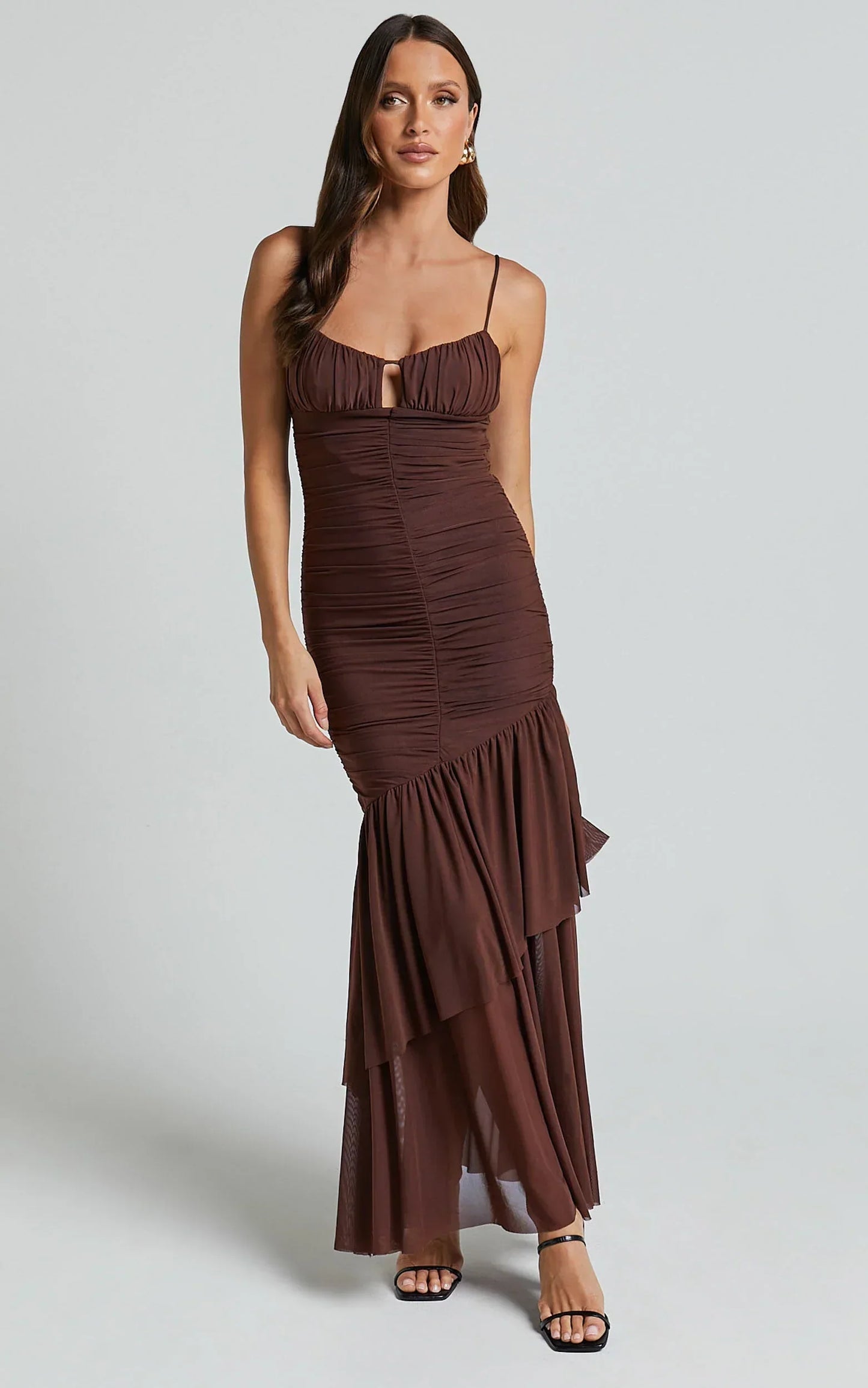 Harlene Maxi Dress- Ruched Mesh Frill Hem Dress In Chocolate