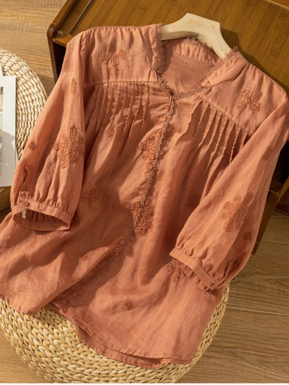 Embroidered V Neck 3/4 Sleeve Casual Linen Shirt Top