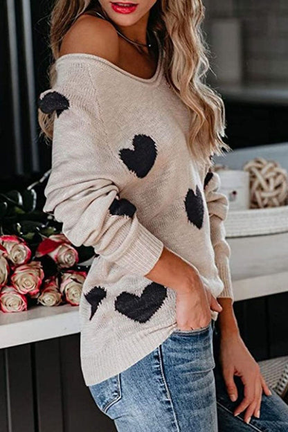 Heart Print V-Neck Knitted Sweater