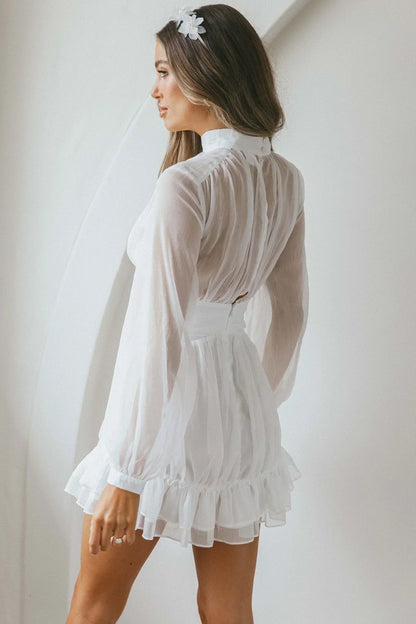 Mandalay High Neck Long Sleeve Waistband Dress White