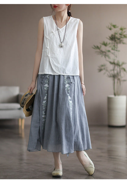 Vintage Double Cotton Linen Embroidered Buckle A-Line Skirt