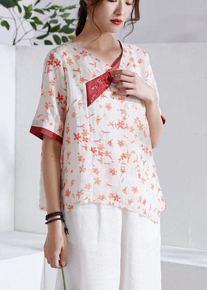 Red V-Neck Asymmetrical Design Print Summer Ramie Shirt Tops Short Sleeve
