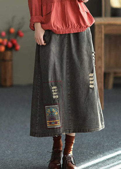 Fashion Black Side Open Embroideried Pockets Cotton Denim Ripped Skirt Cozy