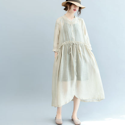 baggy off white Midi linen silk blended dresses Loose fitting casual dress fine tie waist long sleeve o neck baggy dresses
