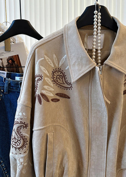 Elegant Khaki Embroidered Pockets Cotton Jackets Spring