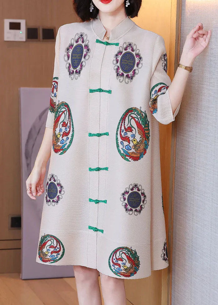 Apricot Print Chiffon A Line Dresses Oriental Button Half Sleeve