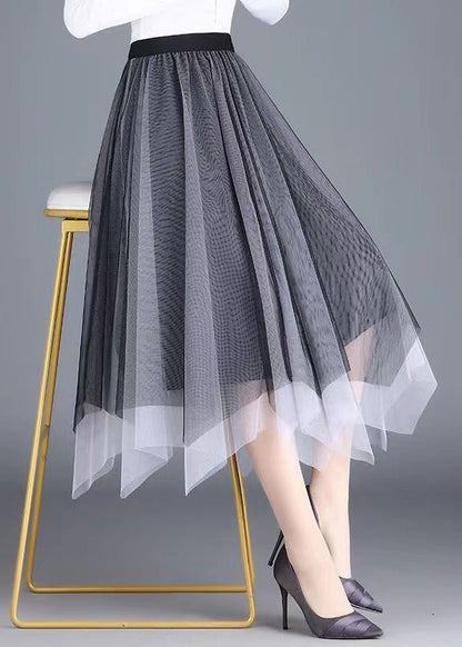 Women Black Grey Asymmetrical Wrinkled Tulle Skirt Spring