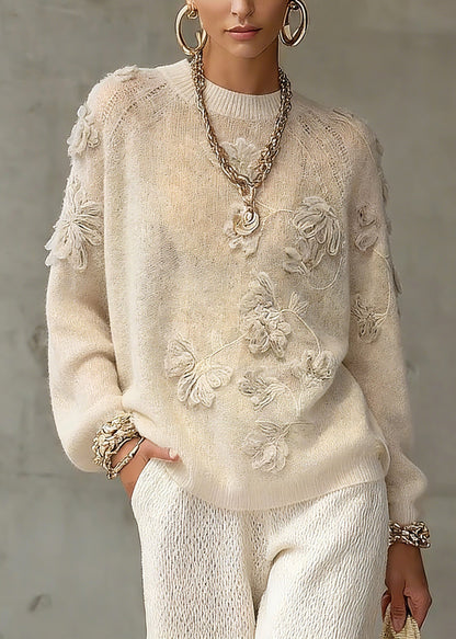 Casual Beige O-Neck Embroidered Cotton Knit Sweaters Spring