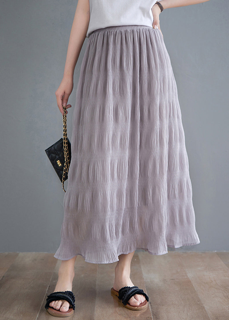 Grey Cotton A Line Skirts Elastic Waist Wrinkled Summer