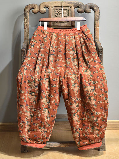 Winter Retro Warm Floral Print Cotton Pants