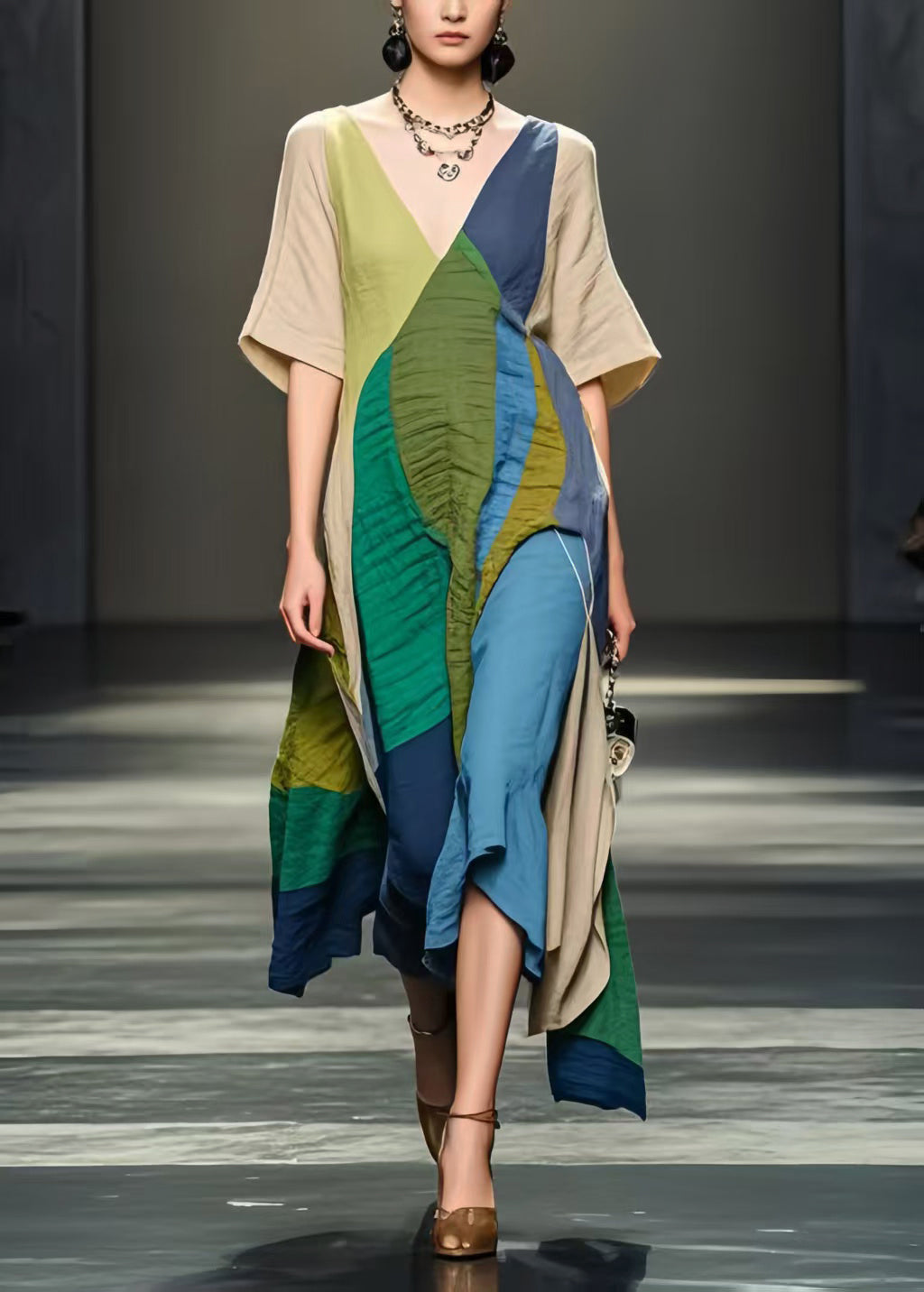 Plus Size Colorblock Asymmetrical Design Wrinkled Cotton Dresses Summer