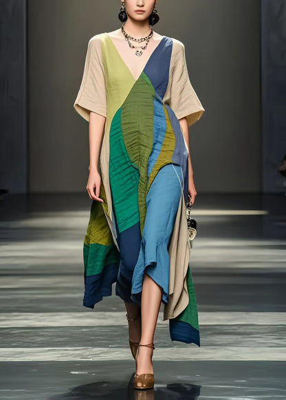 Plus Size Colorblock Asymmetrical Design Wrinkled Cotton Dresses Summer