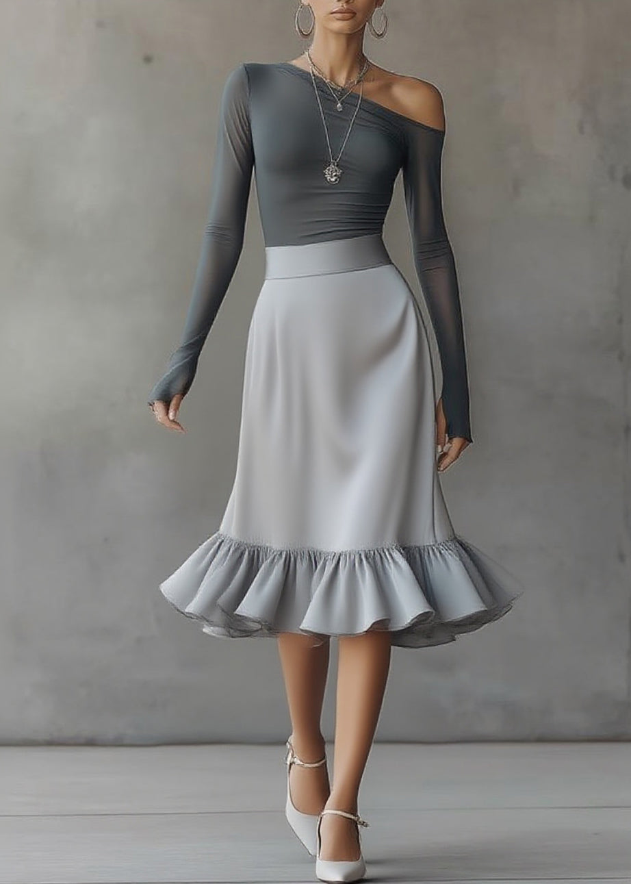 Style Grey Asymmetrical Top And A Line Skirts Two-Piece Set Spring
