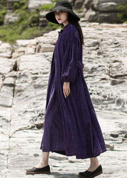 Women Purple Embroideried Pockets Corduroy Dress