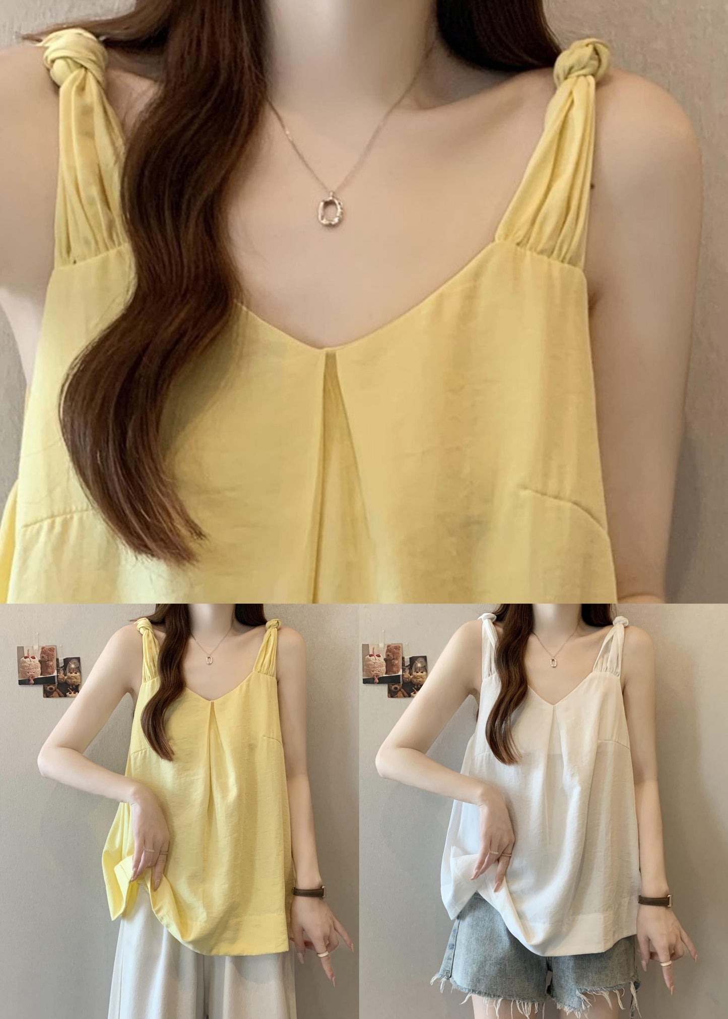 White Wrinkled Solid Cotton Tank V Neck Summer