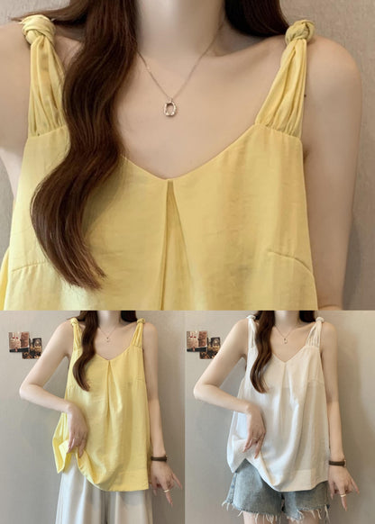 White Wrinkled Solid Cotton Tank V Neck Summer
