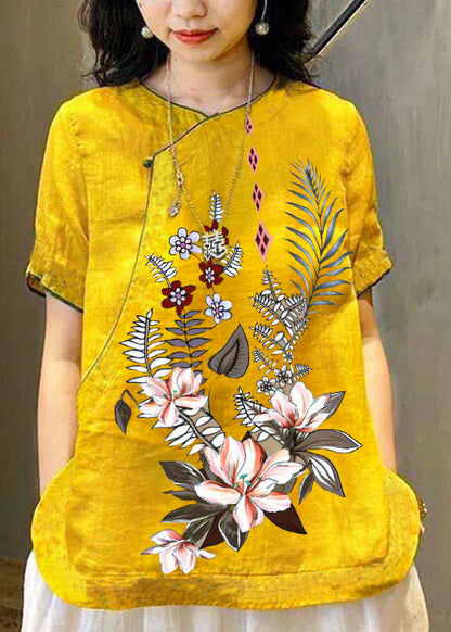 Chinese Style Yellow O-Neck Embroidered Linen Tops Short Sleeve