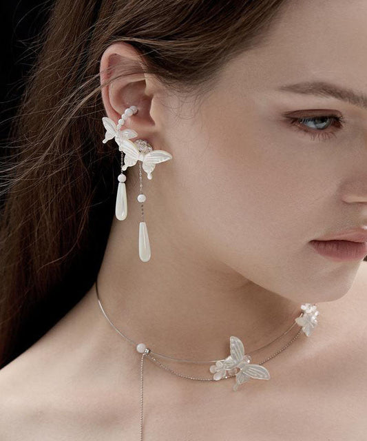 Fashion White Sterling Silver Pearl Butterfly Water Drop Drop Earrings