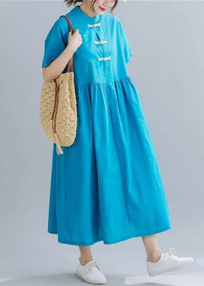 French Chinese Button linen summerWardrobes Wardrobes blue sttand collar Dress