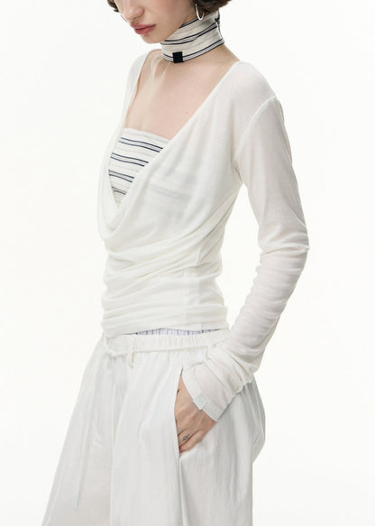 White Striped Solid Slim Fit Cotton Two Pieces Set V Neck