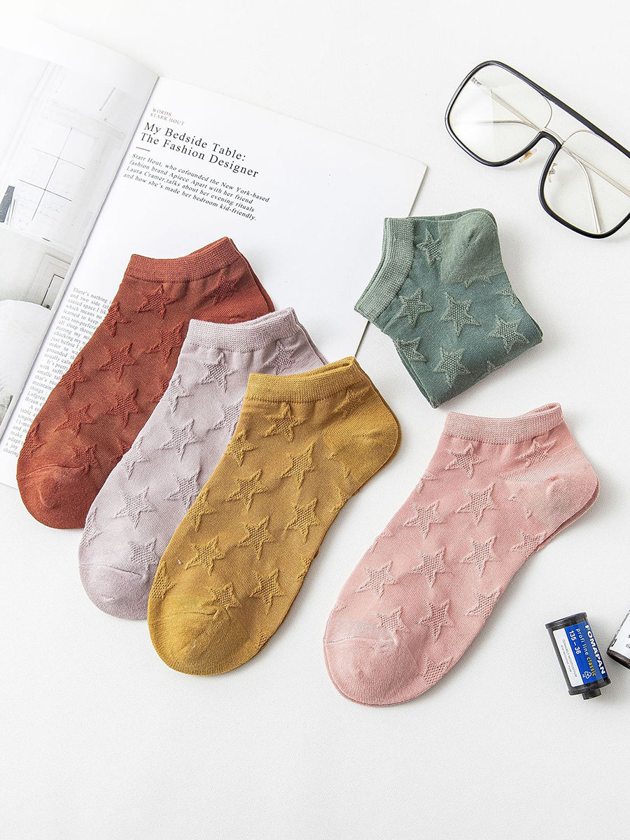 5 Pairs Women Pure Cotton Floral Vintage Boat Socks