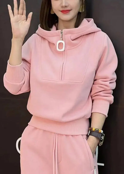 New Pink Hooded Zippered Tops And Beam Pants Cotton Two Pieces Set Spring
