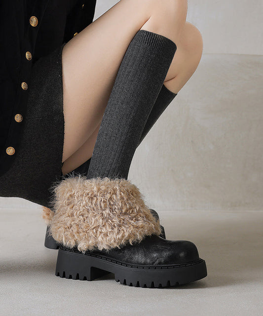 Black Cowhide Leather Chunky Boots Splicing Fuzzy Wool Lined