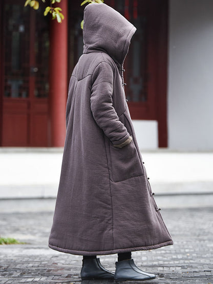 Women Winter Vintage Solid Frog Pocket Hooded Long Coat