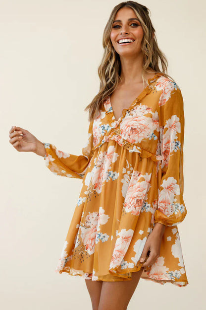 Cutie Pie Long Sleeve Babydoll Dress Rose Print Mustard