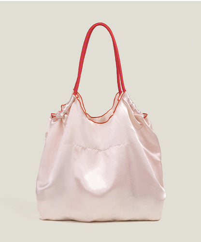 Retro Pink Flower Embroidered Drawstring Satin Shoulder Bags