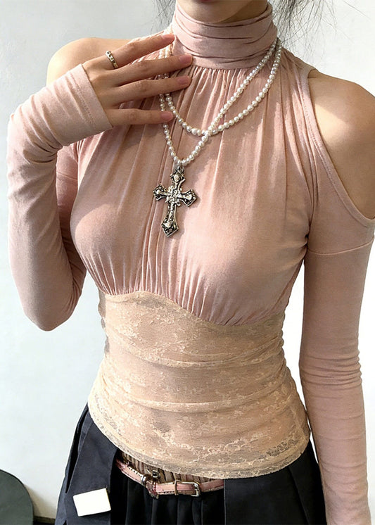 Elegant Pink Cold Shoulder Patchwork Lace Shirt Top Spring