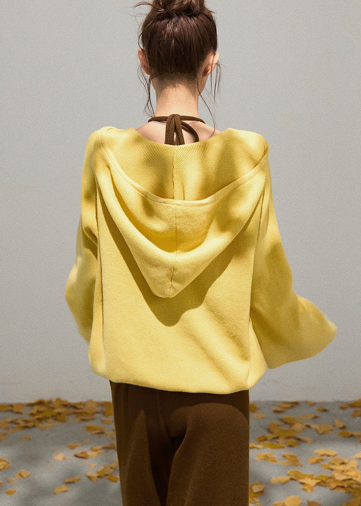 Women Yellow Hooded Knit Pullover Sweatshirt Fall