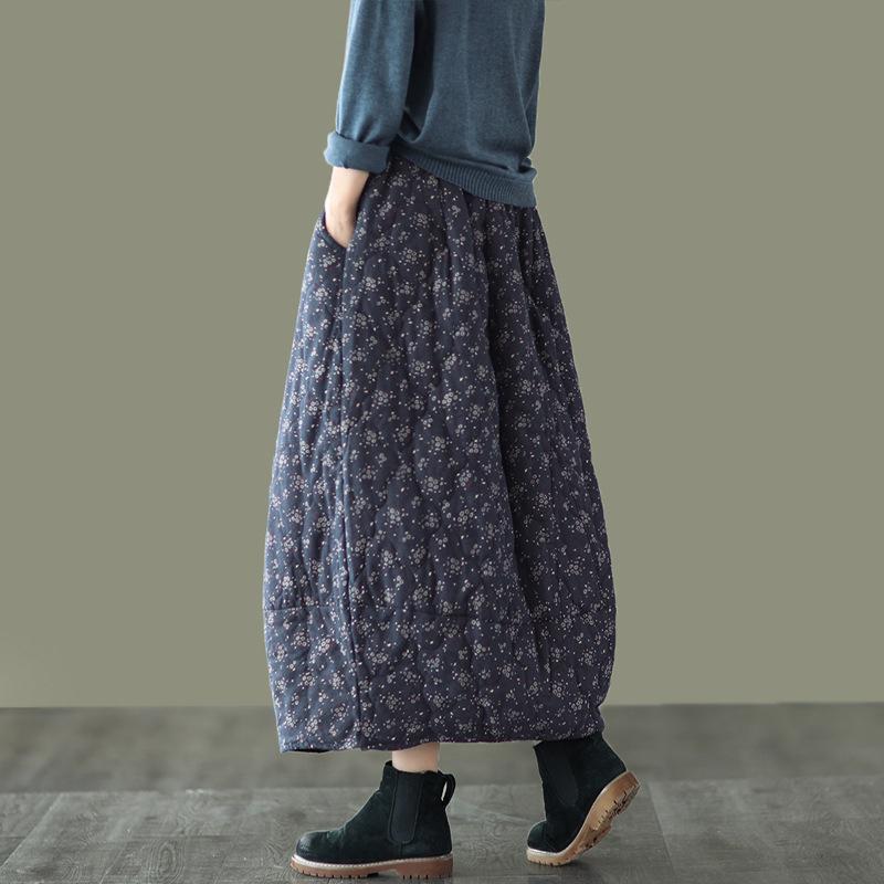 Winter Retro Ethnic Style Cotton Linen Floral Skirt