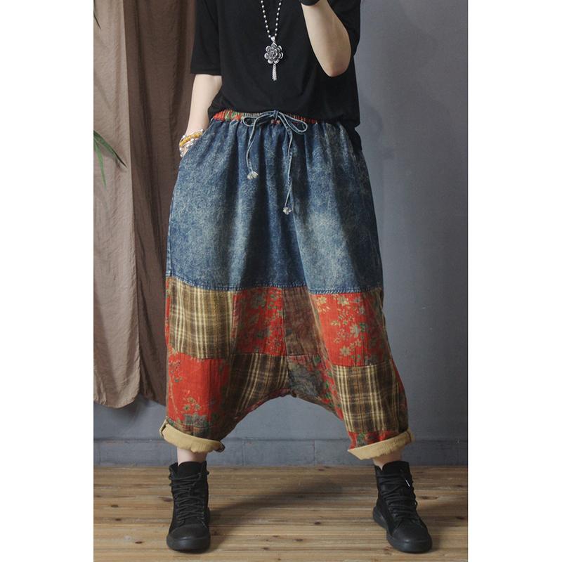 Stitching Pocket Drawstring Denim Low Drop Crotch Baggy Pants