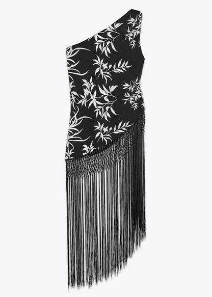 Stylish Black Asymmetrical Tasseled Cotton Tops Sleeveless