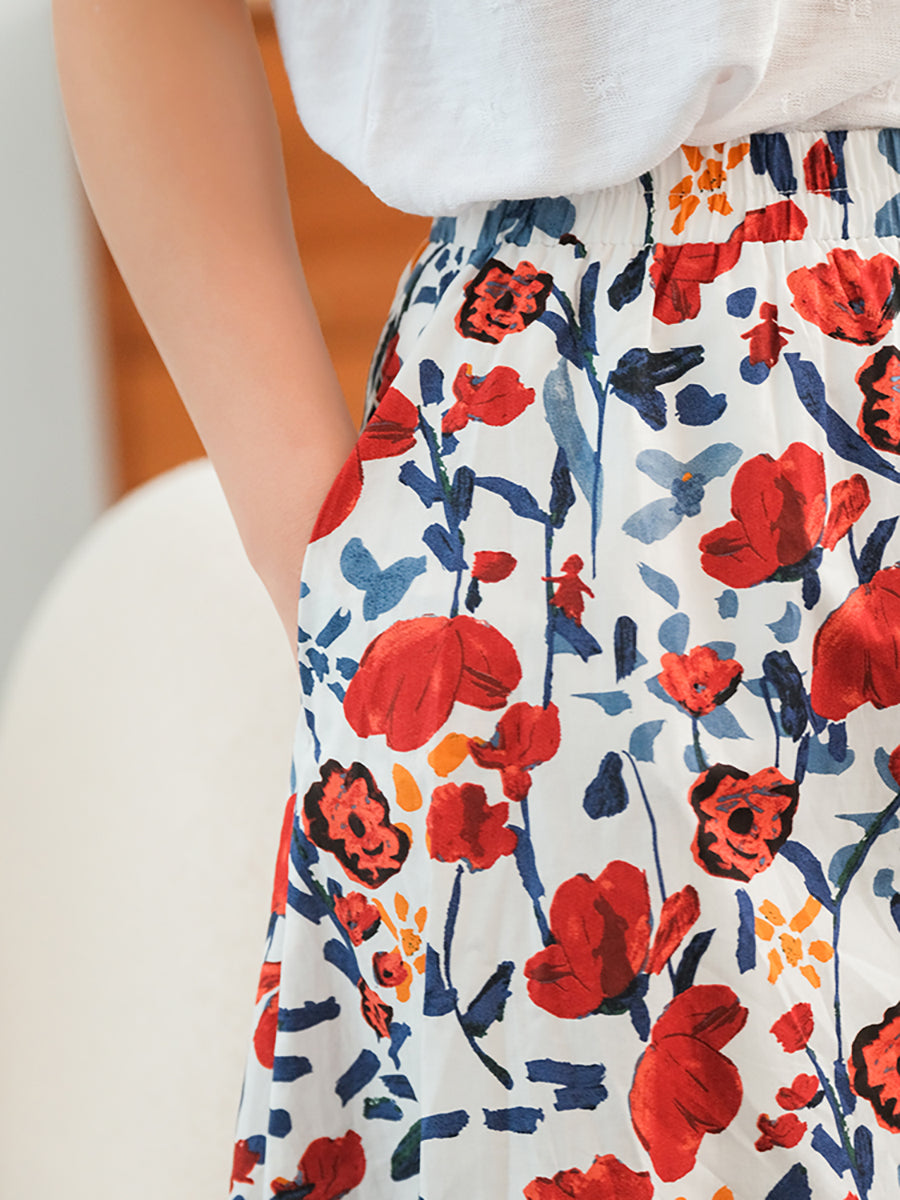 Floral Casual Elastic Waist Cotton Skirt