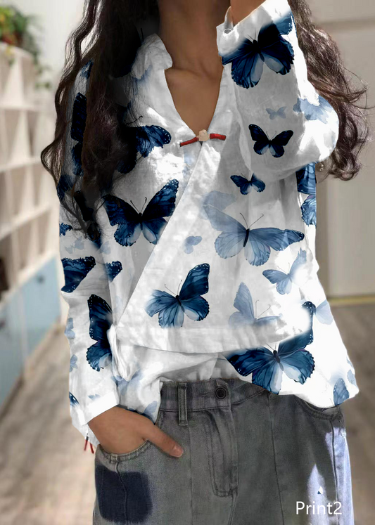 Bohemian Print3 linen Blouse v neck fall top