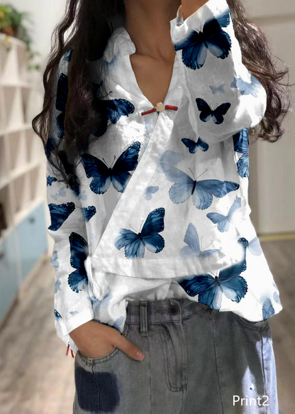 Bohemian Print2 linen Blouse v neck fall top