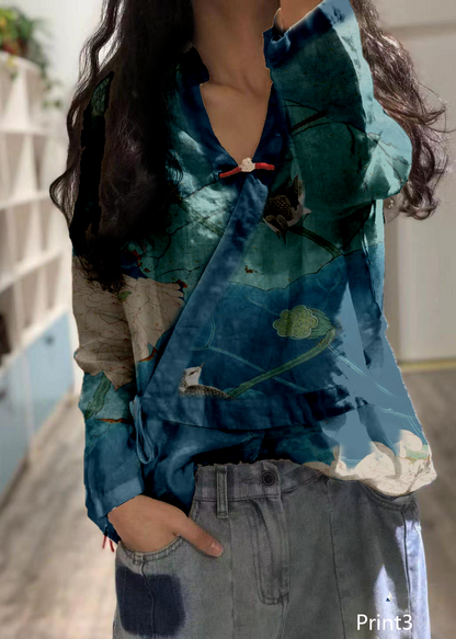 Bohemian Print2 linen Blouse v neck fall top