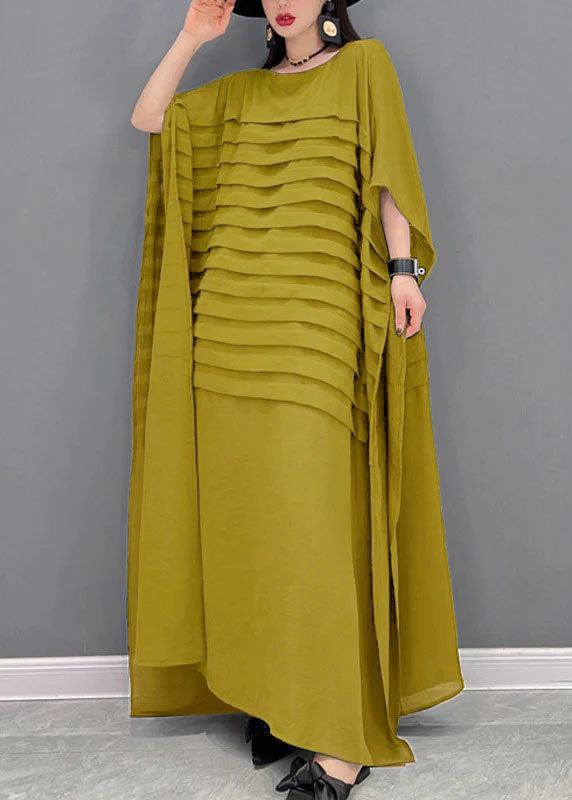 Grace Print5 O-Neck Striped Chiffon Ankle Dress Batwing Sleeve