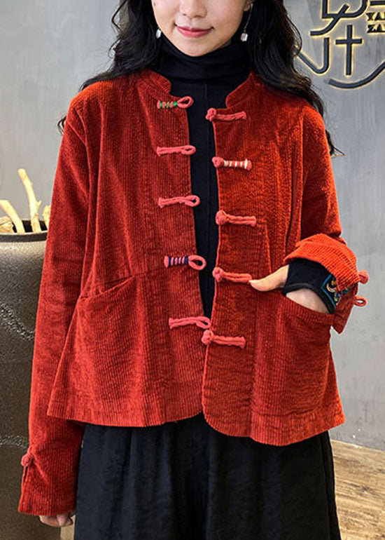 2022 Red button O-Neck pockets Corduroy Coats